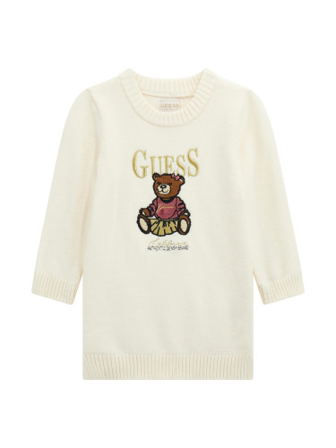 Детска плетена рокля в бял цвят с бродирано мече и надпис Guess