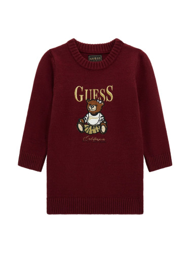 Детска плетена рокля в цвят бордо с бродирано мече и надпис Guess