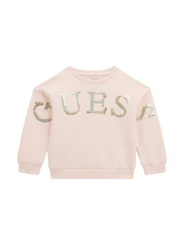 Детска блуза в светлорозов цвят с пайетено лого Guess
