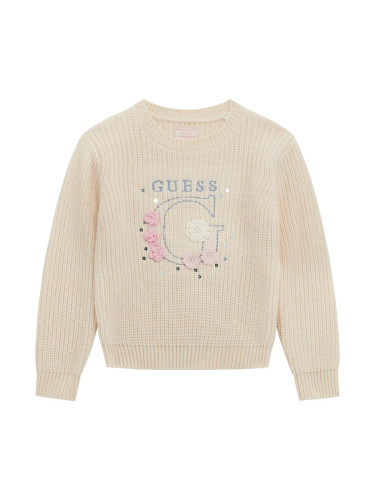 Детски пуловер с цвят пудра с рози и лого Guess