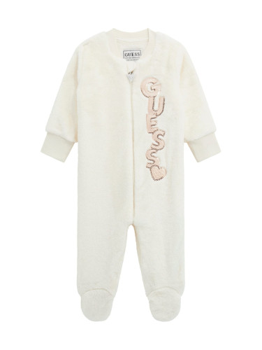 Плюшен бебешки гащеризон в цвят екрю с пайетено лого Guess