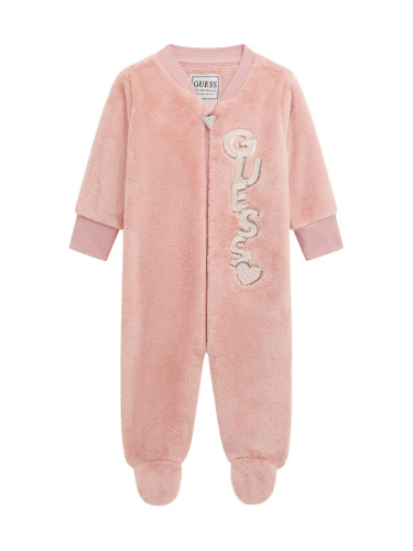 Плюшен бебешки гащеризон в розов цвят с пайетено лого Guess