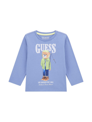 Бебешка блуза с щампа мече и лого в син цвят Guess