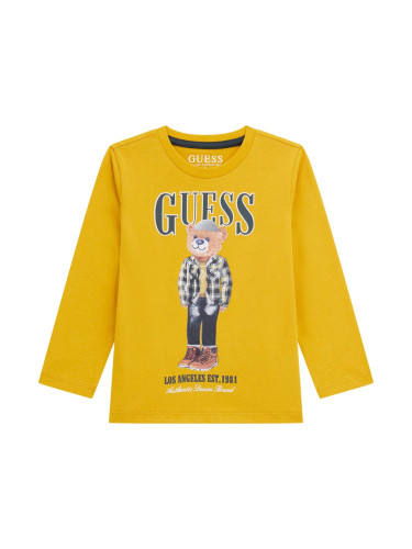 Детска блуза с щампа мече и лого в цвят горчица Guess