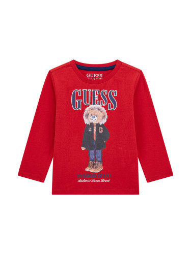 Бебешка блуза с щампа мече и лого в червен цвят Guess