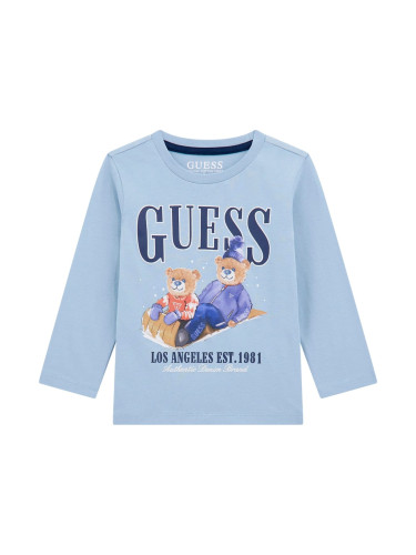 Детска блуза с щампа мече и лого в светлосин цвят Guess