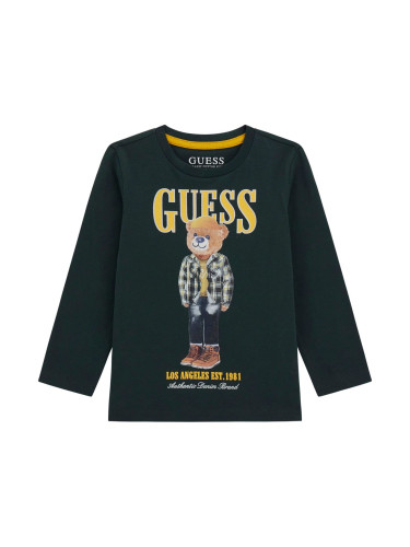 Детска блуза с щампа мече и лого в графитен цвят Guess