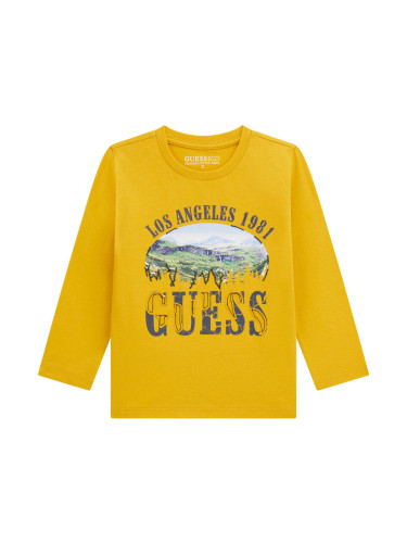Детска блуза в цвят горчица с щампа и ефектно лого Guess