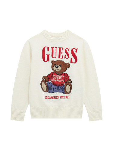 Бебешки пуловер в бял цвят с бродерия мече и лого Guess