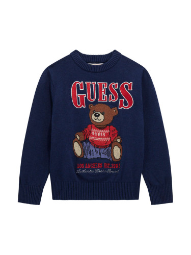 Бебешки пуловер в тъмносин цвят с бродерия мече и лого Guess