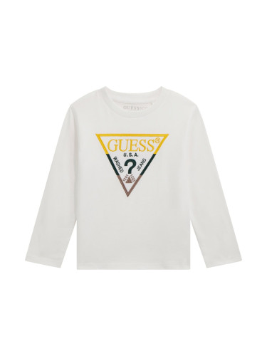 Детска блуза в бял цвят с триъгълно лого Guess
