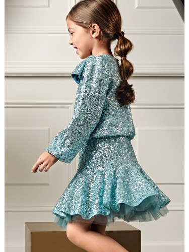 Детски пайетен комплект от пола и блуза в цвят тюркоаз Abel and Lula