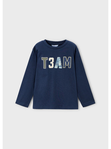 Детска блуза в тъмно син цвят с ефектна щампа и надпис Mayoral