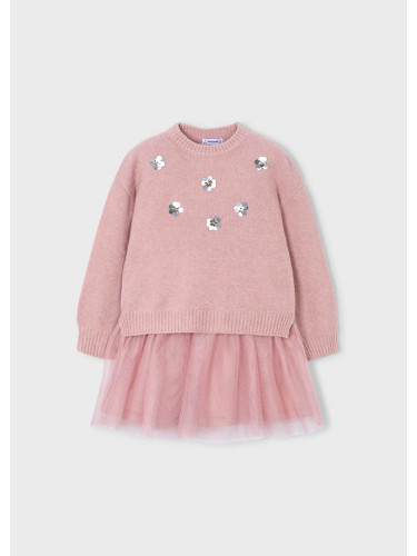 Детска комбинирана рокля с пуловер от фино плетиво в розов цвят Mayoral