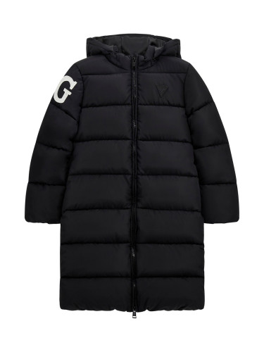 Дълго черно яке с щампа на гърба Guess