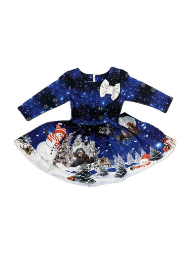 Коледна бебешка рокля с дълъг ръкав в синьо с коледни мотиви