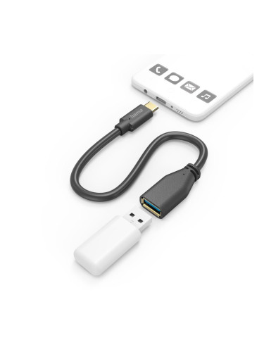 HAMA Адаптер OTG USB-C мъжко - USB-A женско, 0.15m, черен