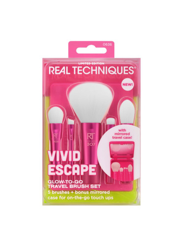 КОМПЛЕКТ REAL TECHNIQUES Glow-To-Go Travel Brush Set + Mirrored Compact Четки за грим дамски  