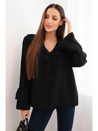 Kesi Włoski Women's viscose blouse with frills and long sleeves black