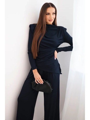 Kesi Włoski Women's cotton set with a blouse and wide-leg pants navy blue