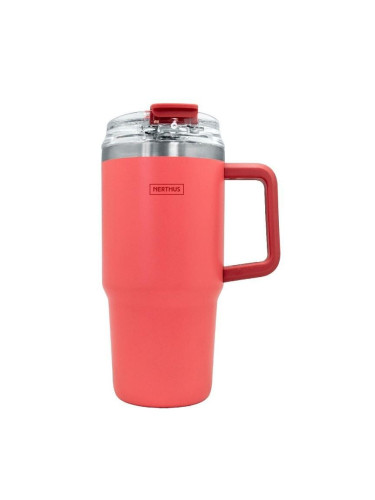 Двустенна термочаша Nerthus с дръжка и сламка в цвят корал - 600 мл