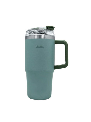 Двустенна термочаша Nerthus с дръжка и сламка в зелен цвят - 600 мл