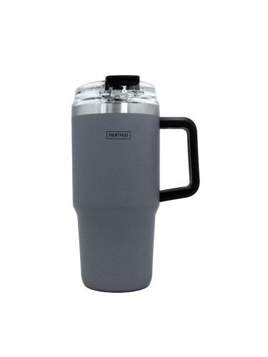 Двустенна термочаша Nerthus с дръжка и сламка в цвят антрацит - 600 мл