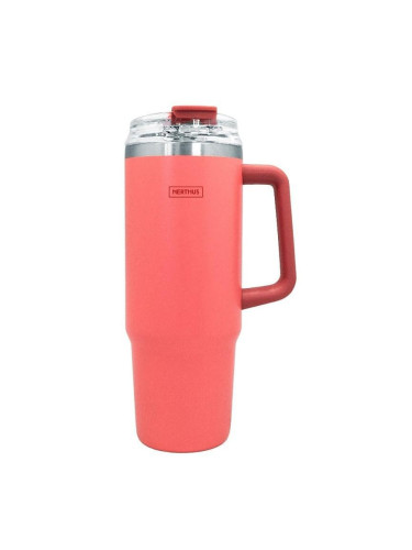 Двустенна термочаша Nerthus с дръжка и сламка в цвят корал - 900 мл