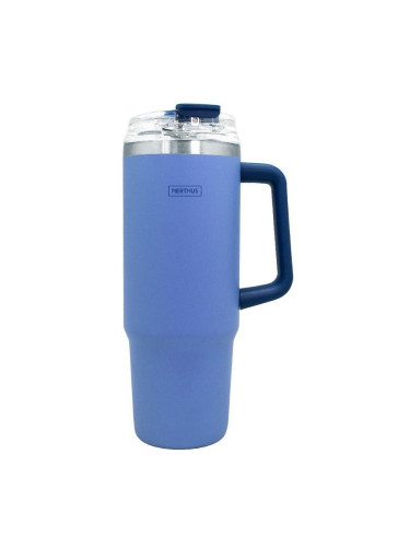 Двустенна термочаша Nerthus с дръжка и сламка в син цвят - 900 мл