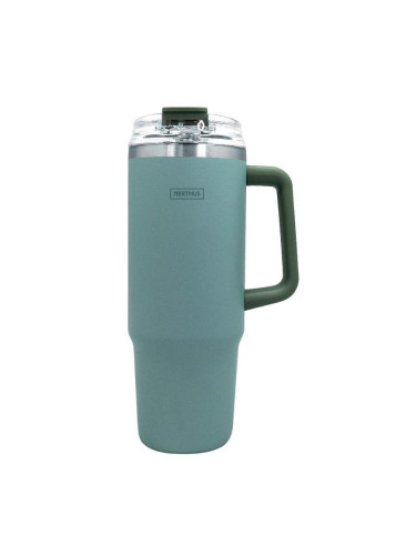 Двустенна термочаша Nerthus с дръжка и сламка в зелен цвят - 900 мл