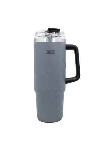 Двустенна термочаша Nerthus с дръжка и сламка в цвят антрацит - 900 мл