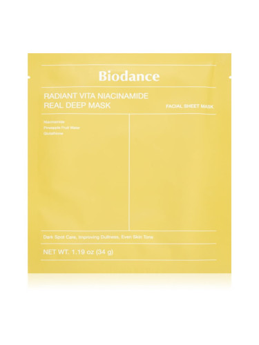 Biodance Radiant Vita Niacinamide Real Deep Mask озаряваща маска за лице да уеднакви цвета на кожата 1 бр.