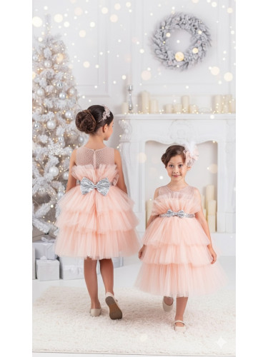 Детска празнична официална рокля Фрея с богат тюл в прасковено и панде