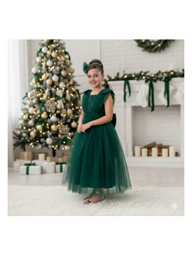 Празнична официална дълга детска рокля в зелено с тюл Малисия
