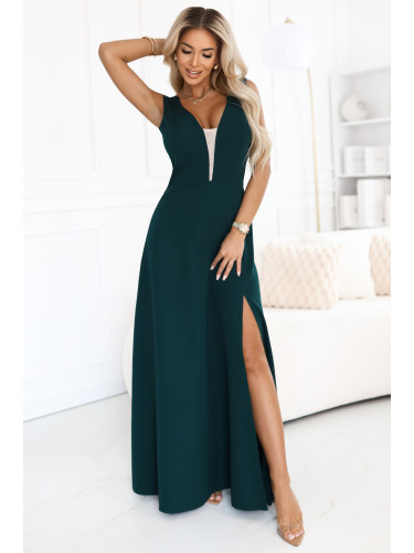 648-1 A fashionable, figure-flattering maxi dress with a leg slit - bottle green
