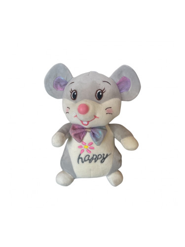 Плюшена мишка с панделка и бродерия, сива, 23 см