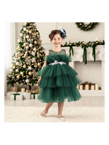 Детска официална рокля без ръкав Фрея с богат тюл в тъмно зелено и па