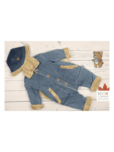 Зимен бебешки дънков гащеризон CROKODAYS с тъмна дънкова шапка