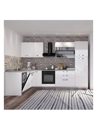 ЪГЛОВА БЛОК КУХНЯ ВАНИА БЯЛ ГЛАНЦ 187х320/60/216 СМ С ВКЛЮЧЕН ПЛОТ,ВОДОБРАН,МИВКА И 5БР ЕЛЕКТРОУРЕДИ