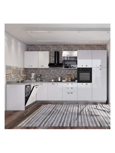 ЪГЛОВА БЛОК КУХНЯ ВАНИА БЯЛ ГЛАНЦ 187/350/60/216 СМ С ВКЛЮЧЕН ПЛОТ,ВОДОБРАН,МИВКА И 5БР ЕЛЕКТРОУРЕДИ