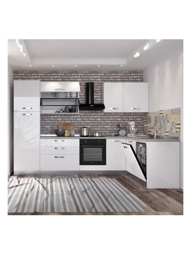 ЪГЛОВА БЛОК КУХНЯ ВАНИА БЯЛ ГЛАНЦ 320х187/60/216 СМ С ВКЛЮЧЕН ПЛОТ,ВОДОБРАН,МИВКА И 5БР ЕЛЕКТРОУРЕДИ