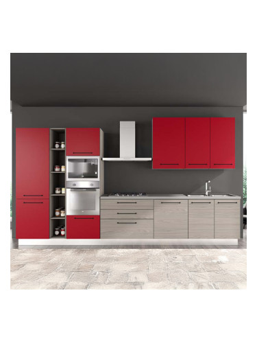 ЧЕРВЕНА БЛОК КУХНЯ ЛЕЙН 390/60/240 СМ С ВКЛЮЧЕНИ 6БР ЕЛ. УРЕДИ