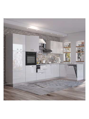 ЪГЛОВА БЛОК КУХНЯ ВАНИА БЯЛ ГЛАНЦ 350х187/60/216 СМ С ВКЛЮЧЕН ПЛОТ,ВОДОБРАН,МИВКА И 5BR ЕЛЕКТРОУРЕДИ