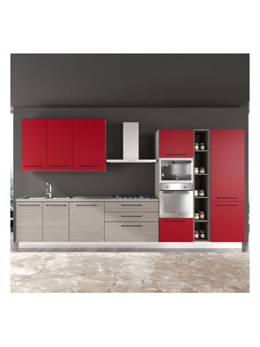 ЧЕРВЕНА БЛОК КУХНЯ ЛЕЙН 390/60/240 СМ С ВКЛЮЧЕНИ 6БР ЕЛ. УРЕДИ