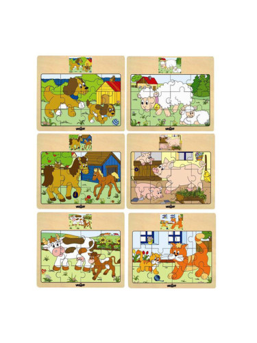 Дървени пъзели Woody - "Домашни животни", 12 части 