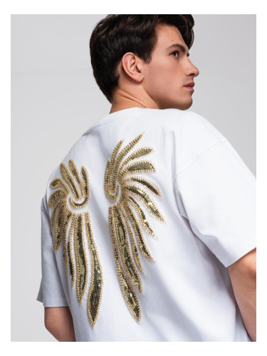 Ombre Men's cotton T-shirt with sequin wing motif on back - white