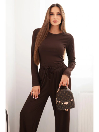 Kesi Włoski Women's viscose set with a blouse and wide pants brown