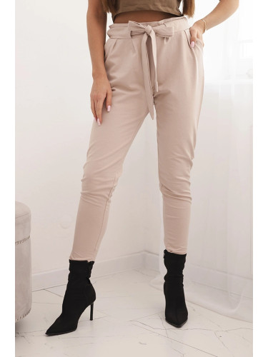Kesi Women's cotton pants with a tie at the waist and tapered legs beige