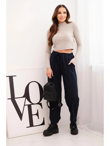 Kesi Włoski Elegant women's high-waisted pants with a tie at the waist navy blue