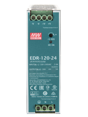 Импулсно захранване за DIN шина EDR-120-24, 24VDC, 5A, 120W, IP20, MEAN WELL